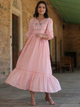 Women'S Pink Cotton Dobby Embroidered Flared Dress-3730PINK-S